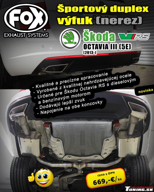 novy vyfuk vyfukove diely koncova cast vyfuku upraveny katalyzator nehrdzavejuca ocel skoda octavia rs 5e fox exhaust systems